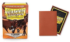 Dragon Shields Matte Copper pack containing 100 standard size card sleeves, featuring a vibrant design with a dragon graphic. The sleeves are matte copper in color, providing a sleek and protective finish for trading cards.