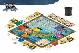 Jinja board game by WizKids/NECA displayed on a table. The game board features colorful regions, tokens, and player cards. A black bag is also included in the image.