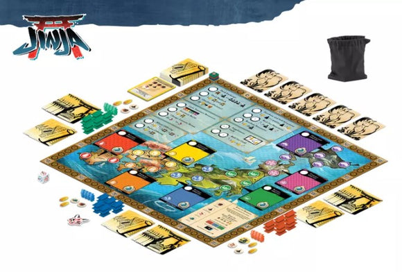 Jinja board game by WizKids/NECA displayed on a table. The game board features colorful regions, tokens, and player cards. A black bag is also included in the image.