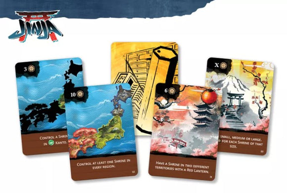 A set of colorful game cards from the Jinja game by WizKids/NECA. The cards feature beautiful artwork depicting shrines, landscapes, and various objectives like controlling shrines in different regions. The top left card indicates the number '3' and describes an objective related to shrine control, while other cards feature numbers '10' and 'X' with corresponding game instructions. The overall theme showcases a rich cultural aesthetic.