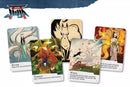 Jinja game by WizKids/NECA featuring beautifully illustrated cards depicting mythical characters and environments such as River, Forest, and Wind, each with unique gameplay instructions.