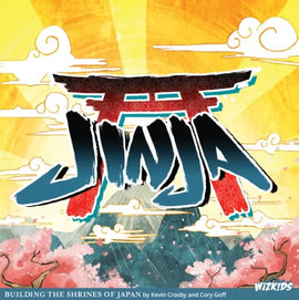 Jinja game box featuring the title 'Jinja' prominently displayed against a vibrant background of a Japanese shrine gate (torii) and cherry blossoms, symbolizing the building of the shrines of Japan. The design includes a colorful sky and artistic elements that evoke a sense of tranquility and cultural heritage.