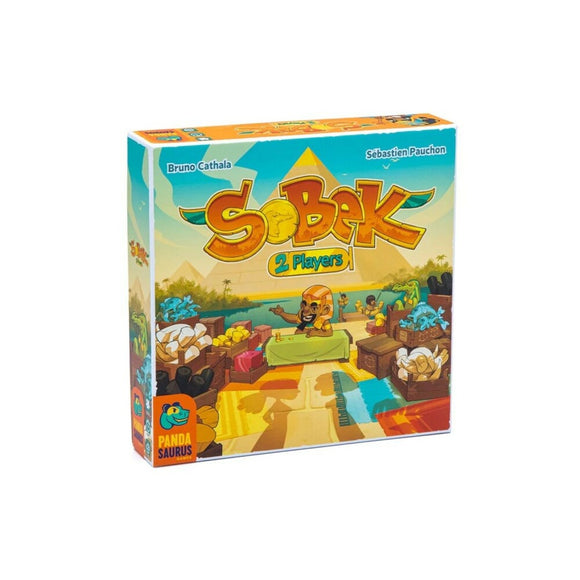 Sobek board game box by Pandasaurus Games featuring vivid artwork depicting a bustling marketplace along with characters. The box is designed for 2 players, showcasing attractive visuals and vibrant colors. Perfect for game nights and family gatherings.