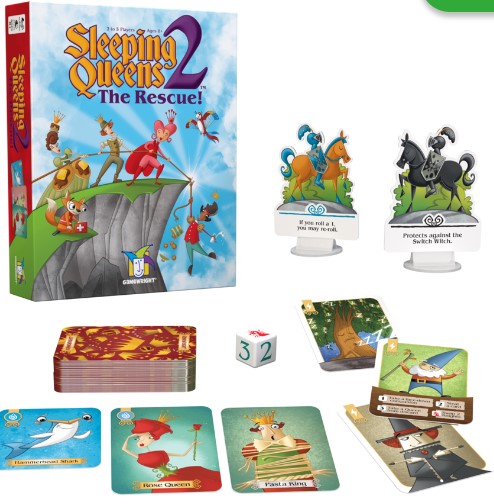 Sleeping Queens 2 The Rescue game by Gamewright. The image features the colorful game box showing playful illustrations of queens and knights, alongside game components: character cards, a dice, and figurine characters displaying a knight and a wizard. Ideal for family fun and engaging gameplay.