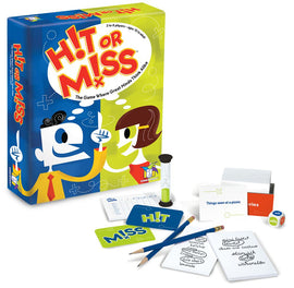Hit or Miss Port-A-Party game by Gamewright, featuring a colorful box with cartoon characters, an hourglass timer, cards, pencils, and note pads for players. Ideal for 3 to 8 players aged 10 and up, it's a fun social guessing game where players think alike.