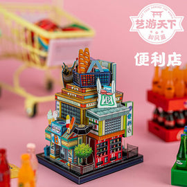 A colorful 3D model of a convenience store titled 'Travel the World Convenience Store' by Mu Model. The model features intricate details like a roof adorned with baskets, food items, and a variety of signs. In the background, a small shopping cart is partially visible, adding context to the theme of shopping.