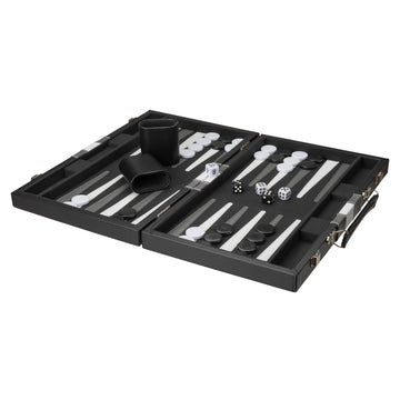 A 15-inch black felt backgammon board by Wood Expressions, showcasing the game layout with black and white checkers, dice, and a dice cup. The board is folded and open, revealing a sleek design with soft felt surfaces for smooth play.