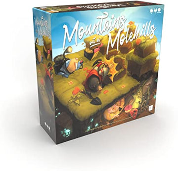 Mountains Out of Molehills board game by USAopoly features colorful, whimsical artwork depicting playful moles and a vibrant landscape with obstacles. The game box shows a fun, engaging design, ideal for family game night.