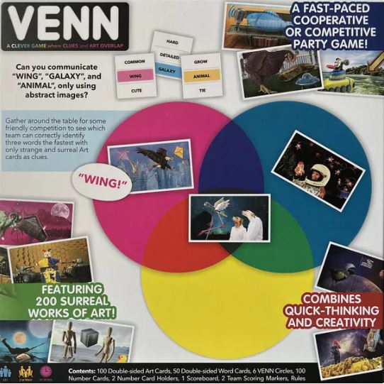 Venn game by USAopoly featuring a colorful Venn diagram with three overlapping circles labeled 'WING,' 'GALAXY,' and 'ANIMAL.' The packaging displays various surreal artworks along with game components including cards, markers, and rules. It emphasizes the cooperative and competitive nature of the game, inviting players to communicate using only abstract images.