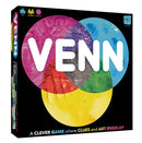 The Venn game by USAopoly features a colorful box art with overlapping Venn circles in pink, purple, and yellow, highlighting the clever mechanics of blending clues and art for engaging gameplay.