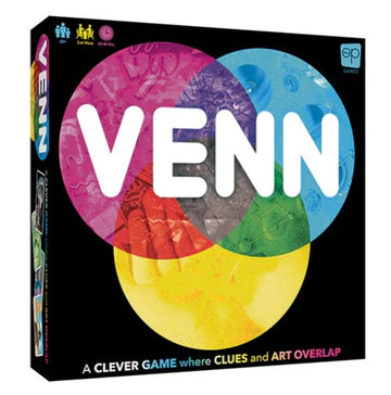 The Venn game by USAopoly features a colorful box art with overlapping Venn circles in pink, purple, and yellow, highlighting the clever mechanics of blending clues and art for engaging gameplay.