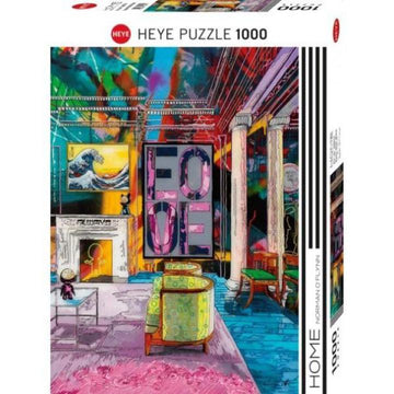 The 'Room With Wave' jigsaw puzzle by Heye features a vibrant and colorful living room scene. The artwork includes a painting of a wave, striking decorative elements, and a prominent display of the word 'LOVE' in bold letters. The setting is filled with bright colors and an eclectic mix of furniture, creating a modern artistic atmosphere. This 1000-piece puzzle promises a fun and creative challenge for puzzle enthusiasts.