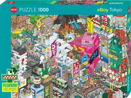 Tokyo Quest Pixorama jigsaw puzzle by Heye featuring a vibrant, detailed illustration of a bustling Tokyo cityscape. The image includes various iconic buildings, bright advertisements, lush greenery, and playful elements, offering a colorful and engaging challenge for puzzle enthusiasts. Ideal for adults and teens who enjoy intricate designs and urban themes.