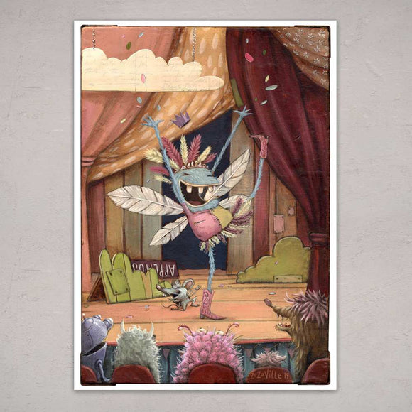 A whimsical illustration depicting a colorful insect performing on stage with its wings outstretched and wearing a crown, set in a vibrant theater environment. The insect is surrounded by different furry creatures in the audience, enjoying the performance.