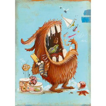A whimsical jigsaw puzzle featuring a playful creature with a large furry body, colorful objects spilling from its mouth, and a bright blue background. This imaginative design showcases various quirky items, including toys and food, creating a fun and engaging scene for puzzle enthusiasts.
