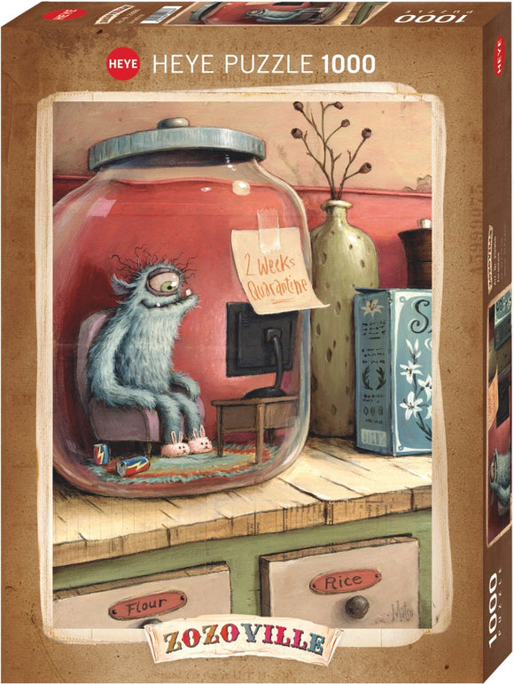 Jarantine - Zozoville jigsaw puzzle by Heye featuring a whimsical monster inside a glass jar, engaging with a TV while surrounded by quirky items like books and kitchenware. The jar displays a note reading '2 weeks quarantine'.