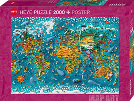 The Miniature World jigsaw puzzle by Heye features a vibrant and colorful map design, showcasing diverse landscapes, sea life, and whimsical elements from around the globe. The puzzle comes in a box that highlights '2000+' pieces and includes a poster, perfect for puzzle enthusiasts who enjoy detailed artwork and challenging designs.