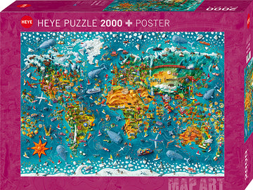 The Miniature World jigsaw puzzle by Heye features a vibrant and colorful map design, showcasing diverse landscapes, sea life, and whimsical elements from around the globe. The puzzle comes in a box that highlights '2000+' pieces and includes a poster, perfect for puzzle enthusiasts who enjoy detailed artwork and challenging designs.