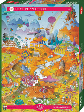 A colorful 1000-piece jigsaw puzzle titled 'Idyll' by Heye. The puzzle depicts a vibrant countryside scene filled with hot air balloons, rolling hills, charming houses, farmland, and whimsical characters amidst trees and mountains, inviting puzzlers to immerse themselves in a serene landscape.