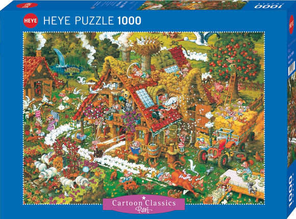 The Funny Farm - Ryba jigsaw puzzle by Heye features a whimsical farm scene bustling with activity. It showcases colorful cartoon characters engaging in various farm tasks, surrounded by lush greenery, animals, and a vibrant atmosphere. The puzzle comprises 1000 pieces, perfect for family fun and enhancing problem-solving skills.