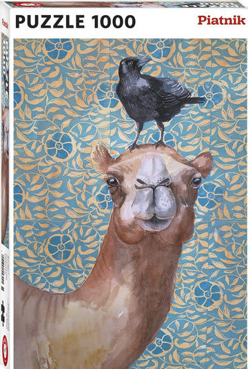 Friends for Life jigsaw puzzle by Piatnik featuring a whimsical illustration of a camel with a black bird perched on its head, set against a floral blue background.