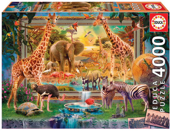 SAVANA COMING TO LIFE jigsaw puzzle by Educa features a vibrant scene depicting various animals in their natural habitat, including giraffes, elephants, flamingos, and zebras, surrounded by lush greenery and a picturesque landscape.