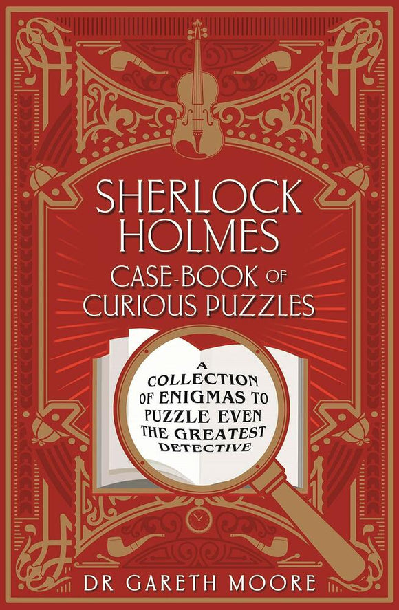 Cover of the Sherlock Holmes Case-Book of Curious Puzzles, featuring a magnifying glass over witty text promising a collection of enigmas to challenge the greatest detective. The background is adorned with classic detective motifs and a vibrant design.