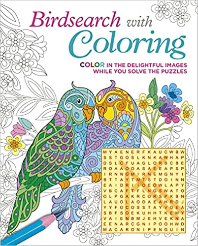 The cover of 'Birdsearch with Coloring' by Arcturus shows two intricately designed parrots amidst colorful flowers. Below them, a word search puzzle adds a playful twist. The vibrant colors invite users to color the image while solving the puzzles, blending creativity with cognitive challenges.