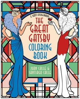 Coloring book titled 'The Great Gatsby' by F. Scott Fitzgerald, featuring two elegantly dressed flapper women in Art Deco style. The cover is vibrant with bold colors and intricate patterns, inviting creativity and a nostalgic trip to the Roaring Twenties.