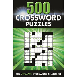 Cover of the book '500 Crossword Puzzles' by Arcturus, featuring a vibrant green background with a crossword puzzle grid filled with various words such as 'OREGANO', 'NEWSMAN', and 'PET'. The title is prominently displayed at the top in bold white and green letters, emphasizing 'THE ULTIMATE CROSSWORD CHALLENGE'.