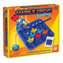 Marble Circuit Jr. by MindWare is a colorful mechanical puzzle designed for children aged 4 and up. The box features a cheerful robot character and displays a collection of 32 different marble puzzles, emphasizing fun and learning through play. The bright packaging showcases a vibrant design with various puzzle pieces visible, inviting kids to engage and solve the mazes creatively.