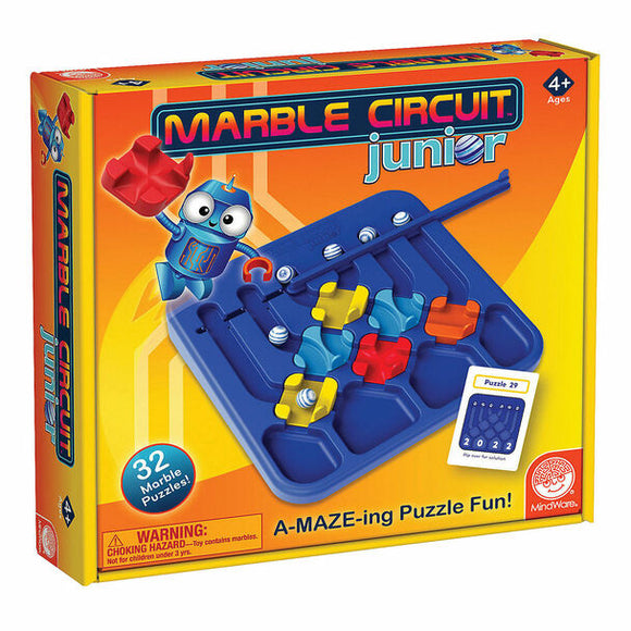Marble Circuit Jr. by MindWare is a colorful mechanical puzzle designed for children aged 4 and up. The box features a cheerful robot character and displays a collection of 32 different marble puzzles, emphasizing fun and learning through play. The bright packaging showcases a vibrant design with various puzzle pieces visible, inviting kids to engage and solve the mazes creatively.