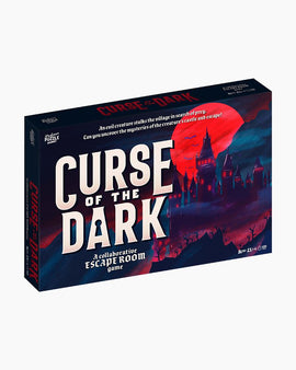 Curse of the Dark Escape Room game by Professor Puzzle. The box features a dramatic design with a dark castle silhouette, glowing red moon, and eerie village. Engaging players in a mysterious story, this collaborative game challenges them to uncover secrets and escape from an evil creature.