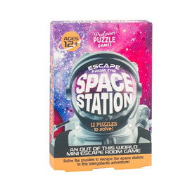 Escape from the Space Station is an engaging mini escape room game by Professor Puzzle. Designed for ages 12 and up, the game box features vibrant graphics of a galaxy and an astronaut helmet. Inside, players will find 12 intriguing puzzles to solve as they embark on an intergalactic adventure to escape a space station. Perfect for game nights or family gatherings.