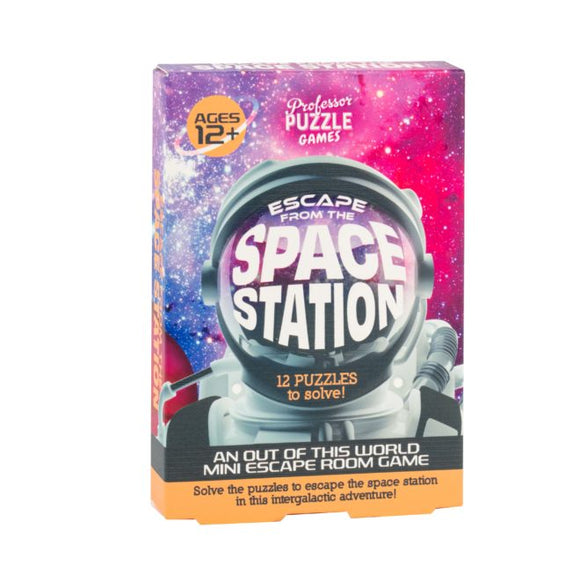Escape from the Space Station is an engaging mini escape room game by Professor Puzzle. Designed for ages 12 and up, the game box features vibrant graphics of a galaxy and an astronaut helmet. Inside, players will find 12 intriguing puzzles to solve as they embark on an intergalactic adventure to escape a space station. Perfect for game nights or family gatherings.