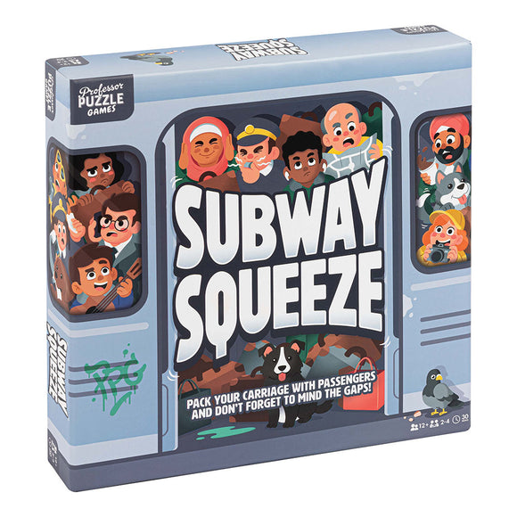 Subway Squeeze game box by Professor Puzzle, featuring colorful cartoon characters packed inside a subway train car. The title is boldly displayed, encouraging players to strategically pack passengers and watch for gaps. The box design includes playful illustrations of various people and animals, emphasizing fun and social interaction.