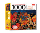 Japan's Samurai Warrior Festival Jigsaw Puzzle featuring vibrant artwork showcasing traditional samurai warriors amidst colorful festival decorations. The puzzle contains 1000 pieces and measures 24 x 18 inches, ideal for puzzle enthusiasts and collectors alike.