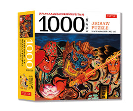 Japan's Samurai Warrior Festival Jigsaw Puzzle featuring vibrant artwork showcasing traditional samurai warriors amidst colorful festival decorations. The puzzle contains 1000 pieces and measures 24 x 18 inches, ideal for puzzle enthusiasts and collectors alike.