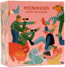 The game 'Monikers: More Monikers' by Palm Court features a vibrant box design. The cover showcases a playful illustration featuring various colorful characters engaged in interactive activities, including pointing, gesturing, and interacting with animals. The background is a soft pink, enhancing the lively and fun atmosphere of the game, designed for friendly gatherings and entertainment.