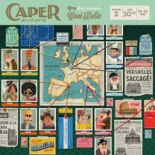 Caper Europe by Keymaster Games is an engaging board game. The game box features a vintage-style map of Europe with illustrated character cards and various graphic elements themed around heists and adventures. Colorful, intricate designs showcase diverse characters and iconic European landmarks, making it visually appealing.