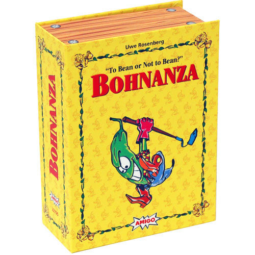 Bohnanza: 25th Anniversary Edition game box featuring colorful artwork with a cartoonish bean character and the title 'Bohnanza' prominently displayed. The box is vibrant yellow with decorative elements and the phrase 'To Bean or Not to Bean?' on the front, hinting at a fun and engaging card game experience for players.