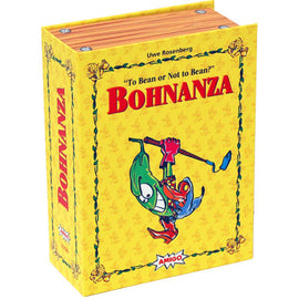 Bohnanza: 25th Anniversary Edition game box featuring colorful artwork with a cartoonish bean character and the title 'Bohnanza' prominently displayed. The box is vibrant yellow with decorative elements and the phrase 'To Bean or Not to Bean?' on the front, hinting at a fun and engaging card game experience for players.