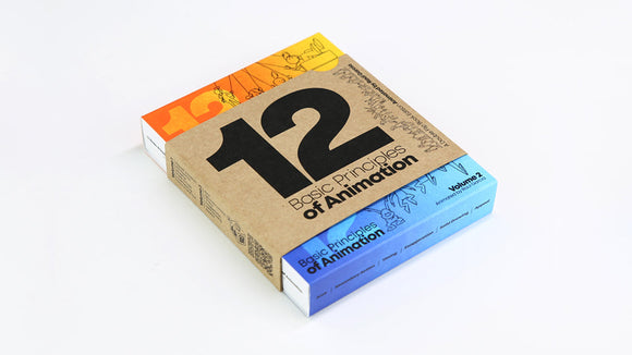 FlipBoku: 12 Principles of Animation features a compact, colorful packaging showcasing vibrant illustrations related to animation techniques, with '12' prominently displayed on the front. This educational product is designed to teach fundamental animation principles.