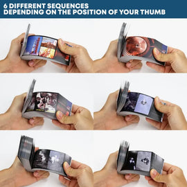 A person demonstrating the FlipBoku: Apollo 11 50th Anniversary Edition flipbook. The flipbook features various images related to the Apollo 11 mission and shows different sequences based on thumb positioning as it flips through the pages, highlighting its interactive and engaging nature.