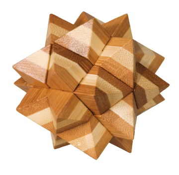 Star Puzzle by Fridolin, a mechanical puzzle crafted from bamboo, featuring a star-shaped design with interlocking geometric patterns and natural color variations, perfect for enhancing problem-solving skills and providing hours of entertainment.