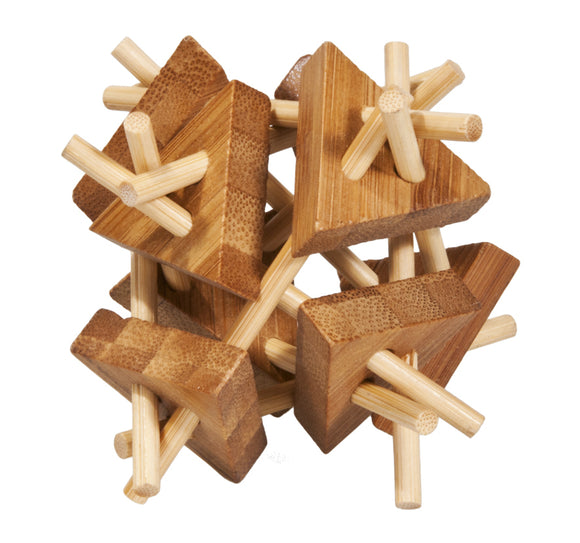 A collection of wooden pieces featuring triangle shapes and sticks, intricately arranged for the Sticks with Triangles Puzzle by fridolin. The puzzle components are made of natural materials with a polished finish, inviting tactile exploration. Ideal for enhancing cognitive skills and problem-solving abilities.
