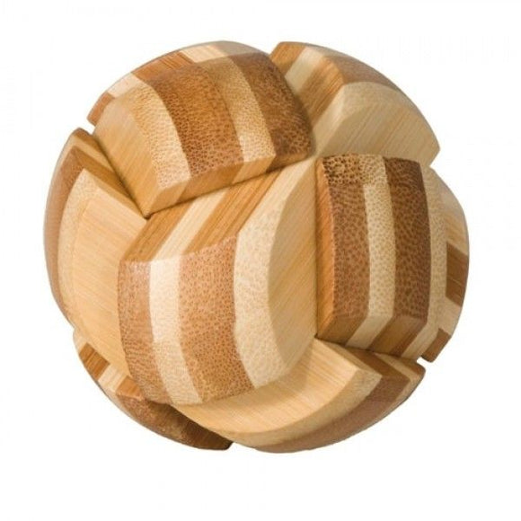 A beautifully crafted mechanical ball puzzle made of various shades of wood, featuring a spherical shape with interlocking pieces that create a mesmerizing visual appeal. The puzzle showcases intricate patterns and textures, demonstrating fine craftsmanship suitable for all ages looking for a challenging yet rewarding experience.