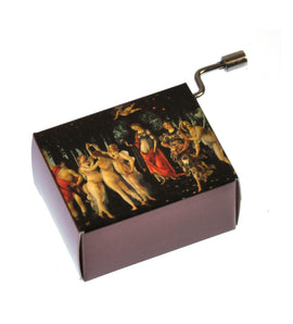 Botticelli Primavera Music Box featuring a decorative design depicting the famous painting. The music box includes a winding mechanism, ideal for art enthusiasts and collectors.