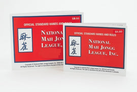 Two Mah Jongg cards for the year 2022, presented side by side. Each card features a red background with white text indicating 'National Mah Jongg League, Inc.' and 'Official Standard Hands and Rules'. The prices $9.00 and $8.00 are displayed at the top right of each card. The design includes traditional Mah Jongg symbols, showcasing the essence of the classic game.