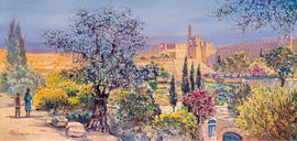 A beautiful jigsaw puzzle featuring a picturesque view of Migdal David, showcasing a vibrant landscape with a prominent tree, blooming flowers, and historical architecture in the background. Two figures walk along a path, adding a sense of life to the serene setting.